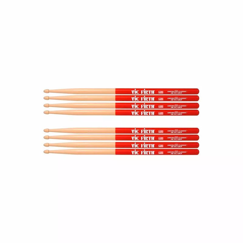 Kit-De-4-Pares-Baqueta-Vic-Firth-5b-Vic-Grip-Ponta-Madeira