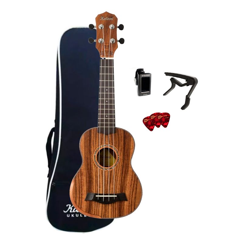 KIT-UKULELE-SOPRANO-KALANI-KAL-420-SK-MAORI-COM-BAG-AFINADOR-PALHETAS-E-CAPOTRASTE